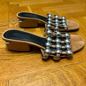 Alexander Wang Brown Leather Dome Stud Lou Slide Sandals Chunky Heel Size 35.5